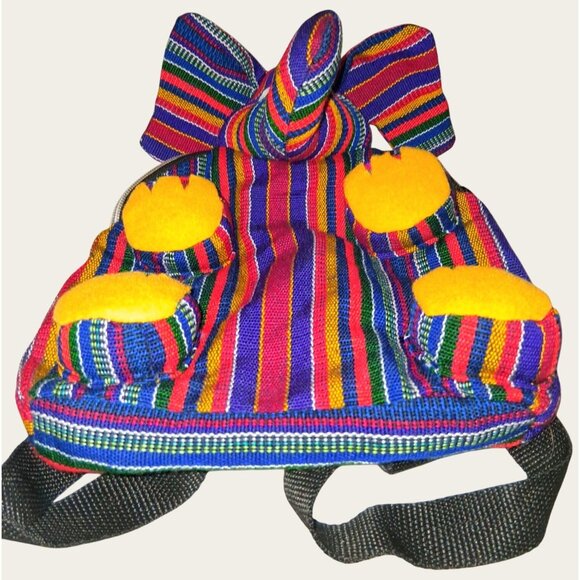 Childsize Handmade Elephant Backpack Woven Multicolor Stripes Yellow Paws - Picture 2 of 9